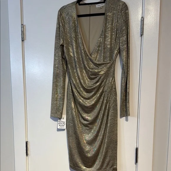 Calvin Klein | Dresses | Calvin Klein Gold Ruched Wrap Dress Long Sleeve |  Poshmark